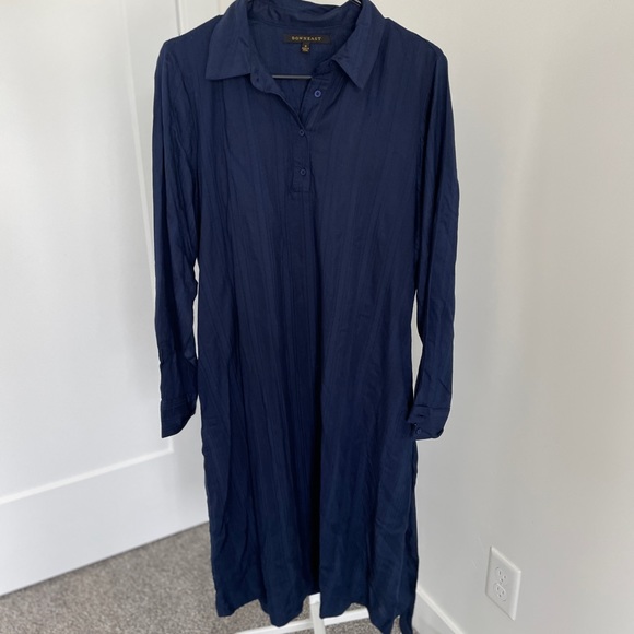 DownEast Women’s Navy Blue Long Sleeve Collared Tie Waist Midi Dress - Picture 2 of 3